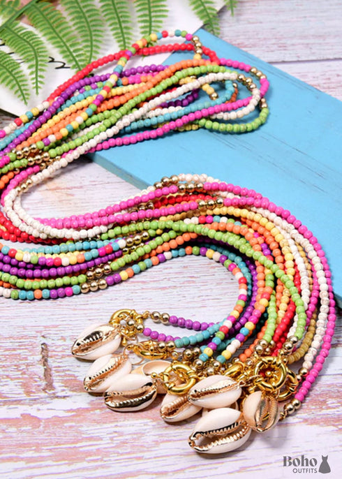 Boho Necklace, Long Blue Hippie Shell